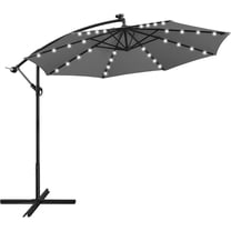 SAZYY 10FT Solar Offset Umbrella with 32 LED Lights Cantilever Hanging Outdoor Umbrellas Handy Crank & Cross Base for Lawn/Deck/Backyard/Pool, Gray