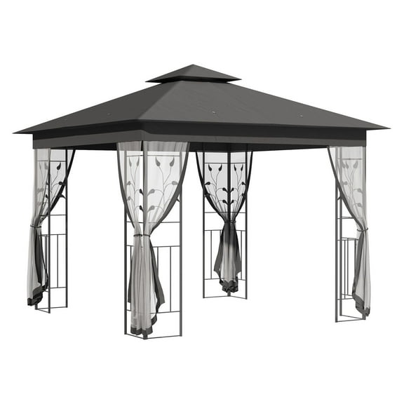 SAZYY 10x10 Grey Patio Gazebo with 2-Tier Polyester Roof, Steel Frame Canopy with Netting Curtain Sidewalls for Outdoor