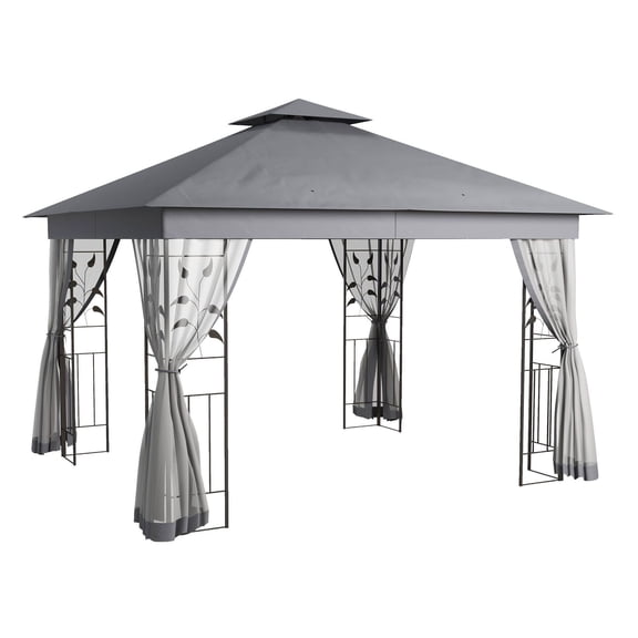SAZYY 10x12 Gray Metal Gazebo with Double Roof & Tree Motifs, Outdoor Canopy Shelter for Patio Garden
