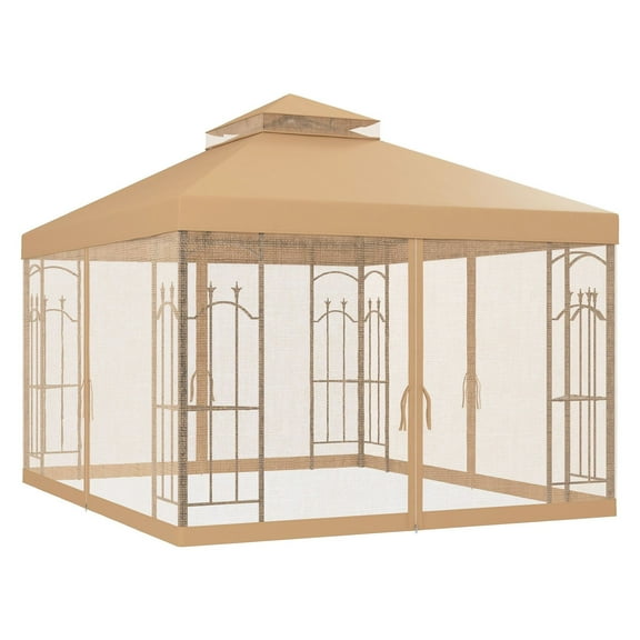 SAZYY 10x12 Patio Gazebo with Corner Frame Shelves, Brown Double Roof Outdoor Shelter for Garden