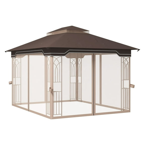 SAZYY 10x12ft Patio Gazebo with Double Tier Roof & Nettings, Outdoor Canopy Shelter for Garden Lawn, Brown