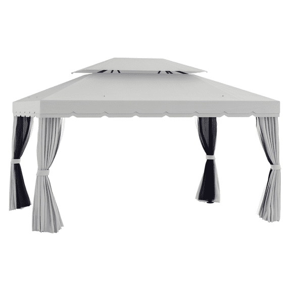 SAZYY 10x13 Patio Gazebo with 2-Tier Polyester Roof & Mesh, Portable Aluminum Frame for Outdoor, Grey