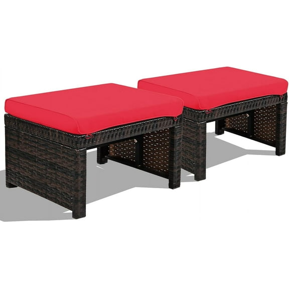 SAZYY 2 Piece Outdoor Wicker Ottomans, Patio Rattan Footstool with Cushions, Solid Steel Frame, Multifunctional Ottomans for Poolside Backyard Balcony, Red