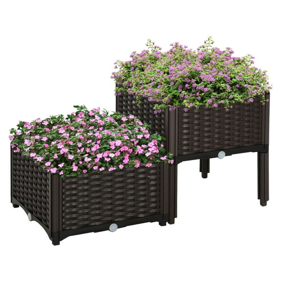 SAZYY 2-Piece Raised Garden Planter Set, Brown Self-Watering Planters with Drainage for Outdoor Flowers & Herbs