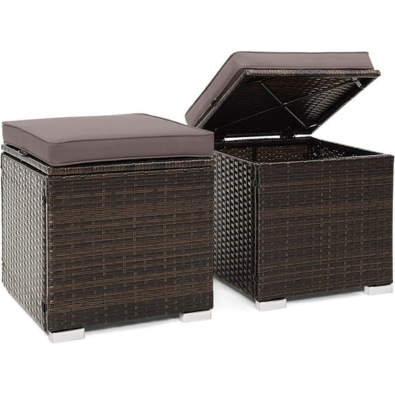 SAZYY 2 Pieces Patio Ottomans, Patiojoy Hand-Woven PE Rattan Side Table with Removable Cushion & Hidden Storage Space, Multifunctional Storage Box, Seat for Patio, Backyard, Poolside, Grey
