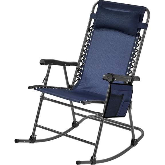 SAZYY 26in Rocking Chair Outdoor Zero Gravity Folding Chairs Rocking Chairs Foldable Outdoor Reclining Lounge Chair for Outside Lawn with Cupholder/Pillow Ergonomic Design for Rest, Navy Blue 1