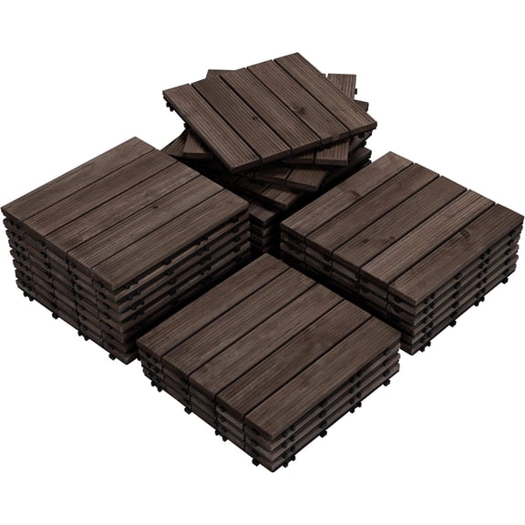 SAZYY 27-Piece Premium Fir Wood Outdoor Flooring for Garden Poolside & Indoor Spaces – Easy Install Non-Slip Weather-Resistant Modular Deck Tiles, Black