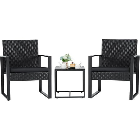 SAZYY 3 Pieces Patio Set Outdoor Wicker Furniture Sets Modern Rattan Chair Conversation Sets with Coffee Table for Yard and Bistro, Black
