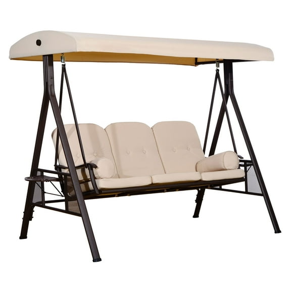 SAZYY 3-Seat Patio Swing Sanctuary with Canopy Shade Removable Cushions & Side Trays, Outdoor Porch Bench for Relaxation Beige