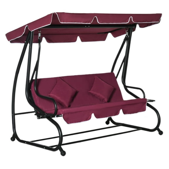 SAZYY 3-Seater Porch Swing with Stand Red Cushions & Canopy, Outdoor Hanging Chair Set for Easy Patio Garden Installation