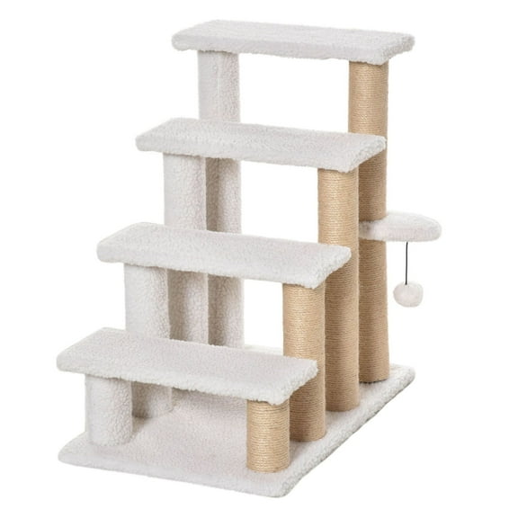 SAZYY 4-Level Pet Stairs with Scratching Posts & Hanging Ball - Carpeted Cat Steps for Beds & Sofas, Kitten Climber, White