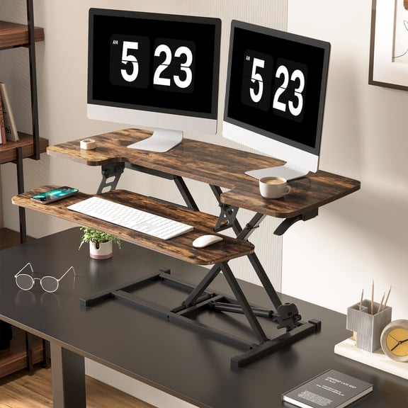 SAZYY 40 Inch Rustic Home Office Desk Riser, Adjustable Desk Converter for Standing & Sitting Work