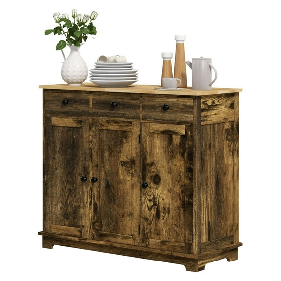 SAZYY 40" Storage Cabinet Sideboard, Large Brown Kitchen Buffet Table with Multiple Drawers & Adjustable Shelf