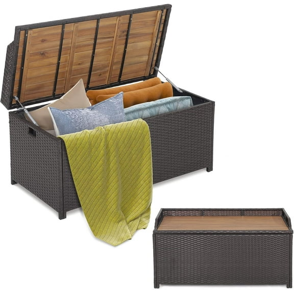 SAZYY 45 Gallon Outdoor Storage Bench, Mix Brown Rattan Storage Container with Zippered Liner, Acacia Wood Top Lid, Sturdy Gas Strut Support, 3-in-1 Multifunctional Deck Box for Front Porch, Garden
