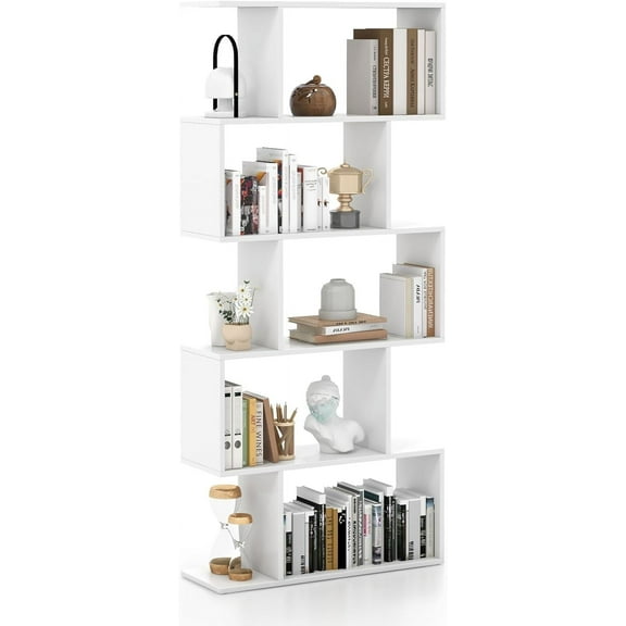 SAZYY 5-Tier Geometric Bookshelf, S Shaped Bookcase w/Anti-Toppling Device, Freestanding Room Divider, Industrial Home Office Decor Wood Open Storage Display Shelf for Living Room, White 1