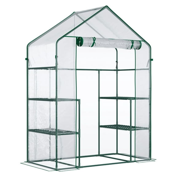SAZYY 56"x29"x77" Walk-in Mini Greenhouse with Shelves, Roll-Up Door & Weatherized Cover, Garden Hot House for Outdoor Plant Growing, Deep Green