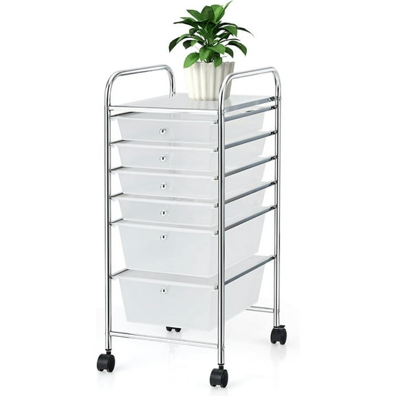 SAZYY 6-Drawer Organizer Cart Tools, Mobile Utility Storage Cart with Removable Drawers & Lockable Wheels, Rolling Storage Cart with Wheels for Home Office, Clear