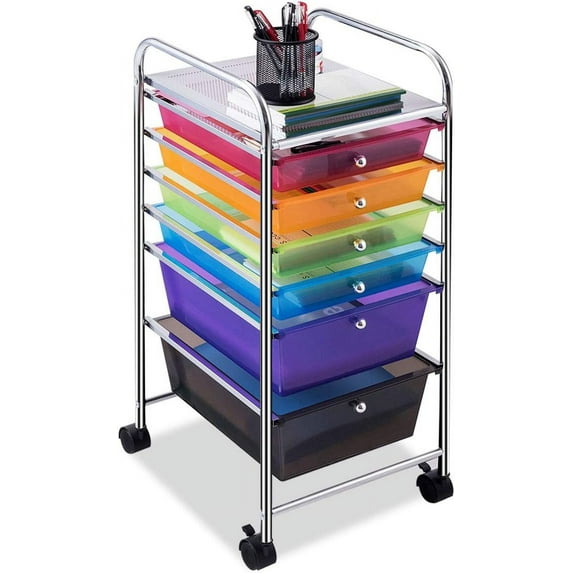 SAZYY 6-Drawer Organizer Cart Tools, Mobile Utility Storage Cart with Removable Drawers & Lockable Wheels, Rolling Storage Cart with Wheels for Home Office, Colorful Clear