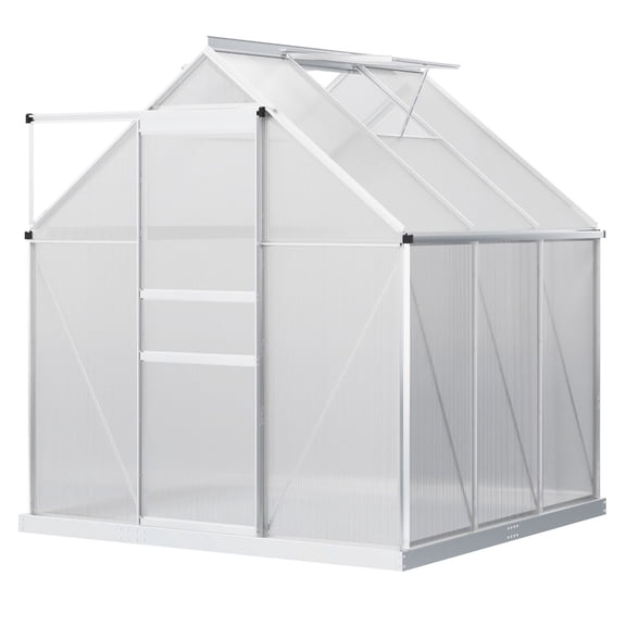 SAZYY 6'x6' Greenhouse with Polycarbonate Panels, Heavy-Duty w/Adjustable Roof Vent, Rain Gutter & Sliding Door, Silver Garden Plant House