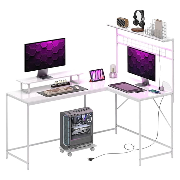 SAZYY 61.6" L Shaped Gaming Desk with Power Outlets & Cup Holder, Computer Desk with Monitor Stand and CPU Shelf, Ergonomic Game Station, White