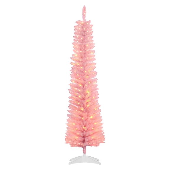 SAZYY 6ft Pre-Lit Slim Artificial Christmas Tree with Colorful Surface Branches & Lights, Pink Xmas Tree for Holiday