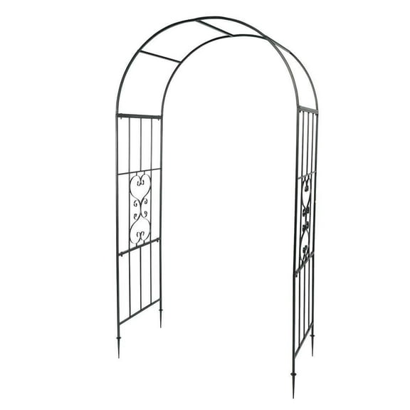 SAZYY 7.3FT Garden Arch Arbor, Heavy Duty Metal Arbour Archway, Decorative Frame Stand Trellis with Ground Stakes for Wedding Ceremony Party Plant Climbing Rose Vines Lawn Patio Black