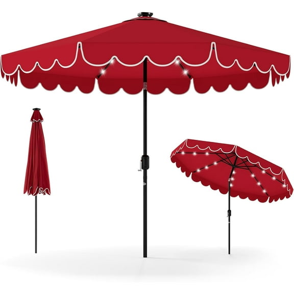 SAZYY 9.5 FT Solar Patio Umbrella, 2-Tiers Scalloped Outdoor Table Market Umbrella with 32 LED Lights, Vented Top, Tilt Adjustment, Crank, 8 Ribs for Backyard Poolside Deck Beach Lawn, Red