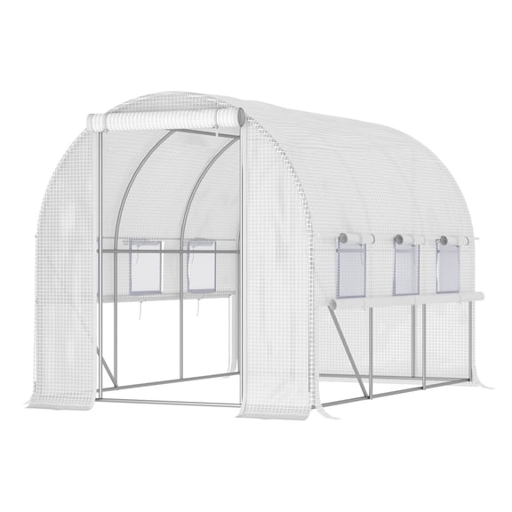 SAZYY 9.7'x6.5'x6.5' High Tunnel Greenhouse with Anti-Tear PE Cover, Zipper Doors & Mesh Windows, Steel Frame Walk-in Green House for Outdoor Garden, White
