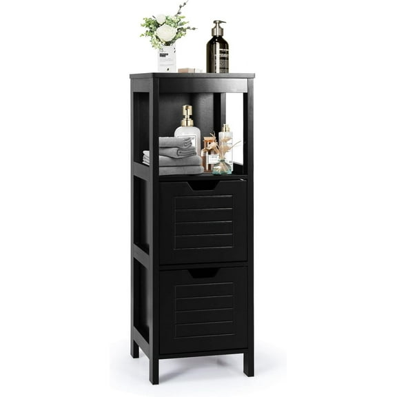 SAZYY Bathroom Storage Cabinet, Freestanding Wooden Side Storage Cabinet with 2 Adjustable Drawers, Space-Saving Floor Cabinet for Living Room Bathroom Bedroom Entryway, Black