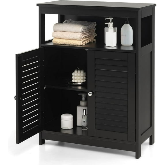 SAZYY Bathroom Storage Cabinet, Wooden Side Storage Organizer with Louver Doors & Removable Shelf, Freestanding Floor Cabinet for Living Room, Kitchen, Entryway, Black