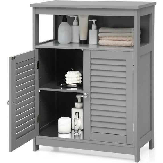 SAZYY Bathroom Storage Cabinet, Wooden Side Storage Organizer with Louver Doors & Removable Shelf, Freestanding Floor Cabinet for Living Room, Kitchen, Entryway, Grey