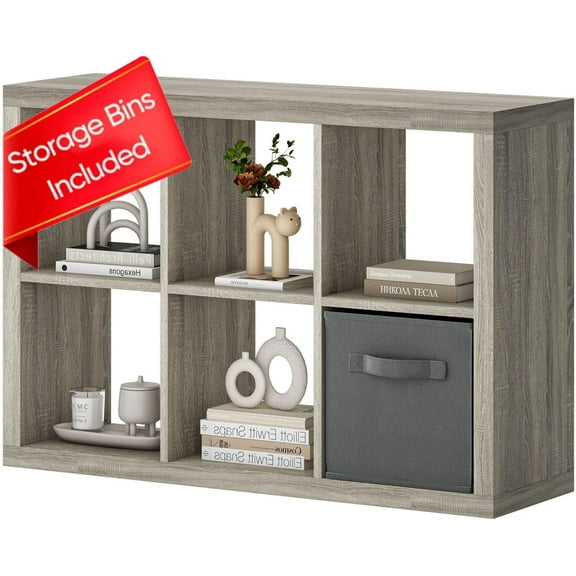 SAZYY Bookshelf with Storage Bin, Storage Organizer, Modern Wood Open Bookcase, Multifunctional Display Shelf for Living Room, Bedroom, Home Office, 6 Cube Gray Oak