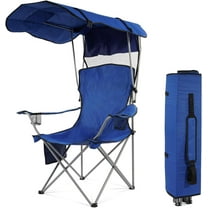 SAZYY Camping Chair with Canopy, Outdoor Folding Lounge Chair with Adjustable UPF 50  Sun Shade & Cup Holder, Portable Camping Recliner for Camp Beach Outdoor Sports, 350LB Max Support Blue