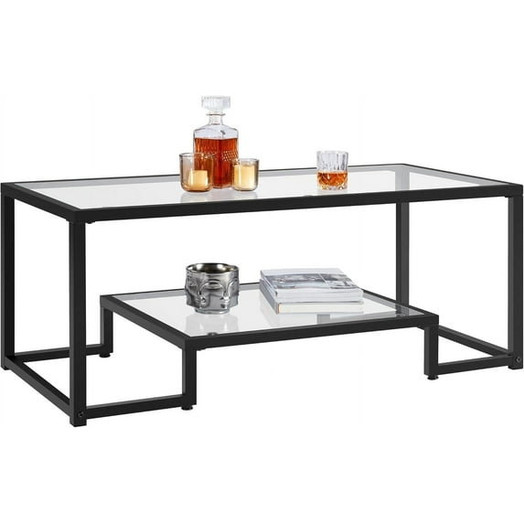 SAZYY Coffee Table, 42" Rectangular Glass Coffee Table for Living Room, 2-Tier Center Tea Tables with Metal Frame for Small Space, Apartment, Office, Black 42 in x 20 in x 18 in