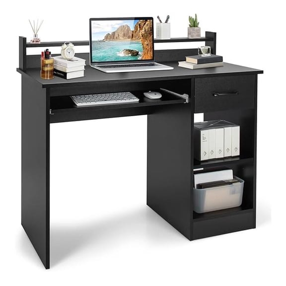 SAZYY Computer Desk with Drawer & Keyboard Tray, 22 Inch Wide Modern Study Writing Desk with Desktop Hutch & Storage Shelves, Home Office Desk for Kids, Wood PC Laptop Desk, Desk for Bedroom
