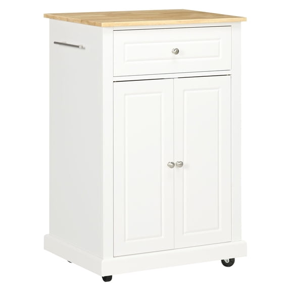 SAZYY Cream White Kitchen Island Cart, Portable Rolling Kitchen Cart with Drawer & Shelf, Mobile Serving Trolley for Dining Room & Small Kitchen