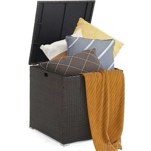 SAZYY Deck Storage Box, Patio Rattan Storage Container with 2 Universal Wheels, Safety Pneumatic Rod, Zippered Liner, Sturdy Steel Frame, Ideal for Backyard, Poolside, 72 Gallon