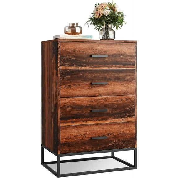 SAZYY Dresser, Retro Chest of Drawers with Metal Handle, Double Wood Dresser for Bedroom, Living Room, Large Storage Cabinet, 14.2"D x 21.3"W x 32.8"H (4 Drawers) Brown