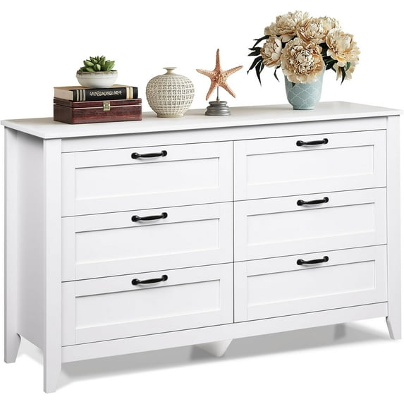 SAZYY Dresser, Retro Chest of Drawers with Metal Handle, Double Wood Dresser for Bedroom, Living Room, Large Storage Cabinet, 15.7"D x 53.9"W x 32.3"H (6 Drawers) White