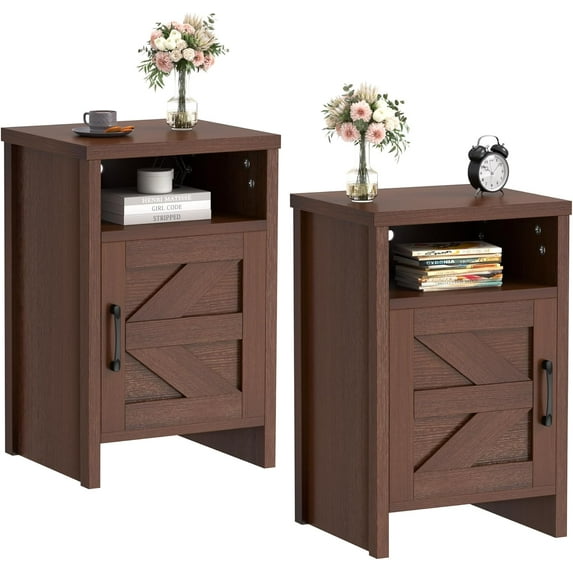 SAZYY Farmhouse Nightstand, Modern Bedside Table with Barn Door and Shelf, Rustic End Table Side Table for Bedroom, Living Room, Brown 2