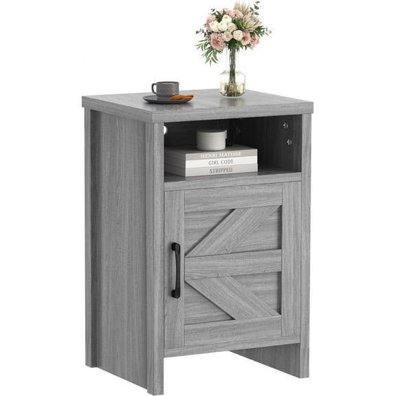 SAZYY Farmhouse Nightstand, Modern Bedside Table with Barn Door and Shelf, Rustic End Table Side Table for Bedroom, Living Room ,Grey1