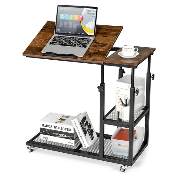SAZYY Height Adjustable C Shaped End Table with Lockable Wheels, Mobile Couch Desk Table with Tiltable Table Top, Sofa Bedside Laptop Stand TV Tray with Storage Shelves, Snack Side Table