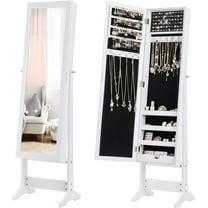 SAZYY Jewelry Cabinet with Full-Length Mirror, Standing Jewelry Armoire Organizer with 64 Earring Slots, 72 Ring Slots, 20 Necklace Hooks, 4 Storage Shelves, 3 Angle Adjustable, White