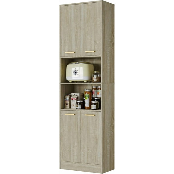 SAZYY Kitchen Pantry Cabinet, 75" Tall Wood Storage Cabinet with Doors and Shelves, 4 Doors Open Countertop Utility Hutch Cupboard for Dining Room Living Room Bathroom Furniture, Whitewashed Oak