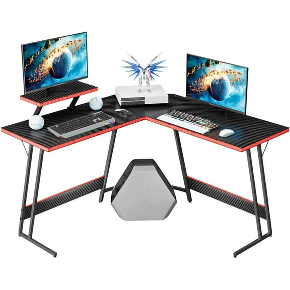 SAZYY L Shaped Gaming Desk Computer Corner Desk PC Gaming Desk Table with Large Monitor Riser Stand for Home Office Sturdy Writing Workstation, 47 Inch Black