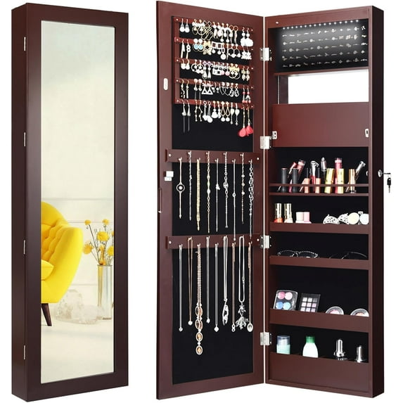 SAZYY LED Jewelry Cabinet Wall Mounted Door Hanging, Lockable Jewelry Armoire with 47.2'' Full Length Mirror, Foldable Makeup Tray, Lipstick Brush Holders, Jewelry Storage Organizer