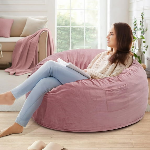 SAZYY Large 3.5’ Bean Bag Chair for Kids, Teens, Adults, Memory Foam, Easy to Clean Washable Soft Suede Cover, Reinforced Zipper, Perfect for Living Room, Den, Bedroom, or Dorm, Pink