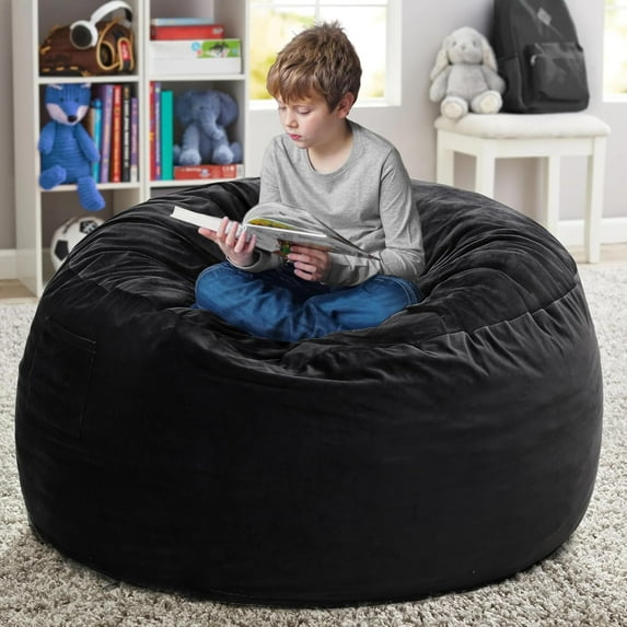 SAZYY Large 3.5’ Bean Bag Chair for Kids, Teens, Adults, Memory Foam, Easy to Clean Washable Soft Suede Cover, Reinforced Zipper, Perfect for Living Room, Den, Bedroom, or Dorm, Black