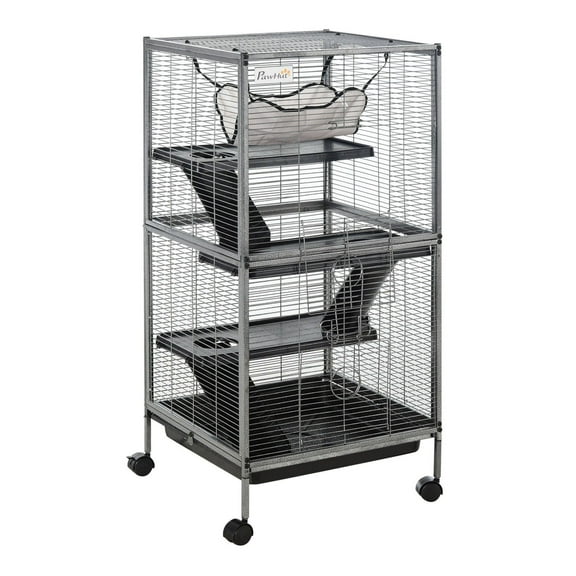 SAZYY Large Metal Small Animal Cage with Hammock, 4 Tiers, Removable Tray - Extra Space Chinchilla Cage for Rabbits, Guinea Pigs, Gray