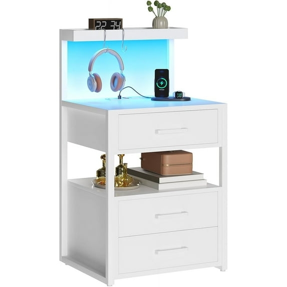 SAZYY Led Nightstand with Charging Station, 3 Drawers Night Stands with Led Lights, Black Bedside Tables with Storage Shelves, Modern End Side Tables for Bedroom, Office,White1 Pack